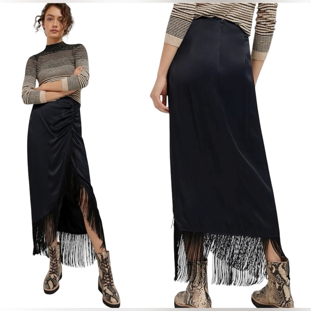 Anthropologie Women’s Long Black Asymmetrical Fringe Satin Split Skirt Size 6 - Picture 2 of 12